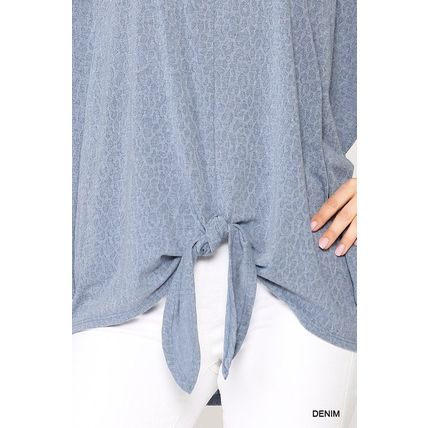 Women's Leopard Jacquard Knit Jersey Top With Front Tie Ruffled Sleeve