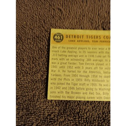 1960 Topps 461 Detroit Tigers Coaches Appling Fredrick Hitchcock 4.0 VG/EX Shape