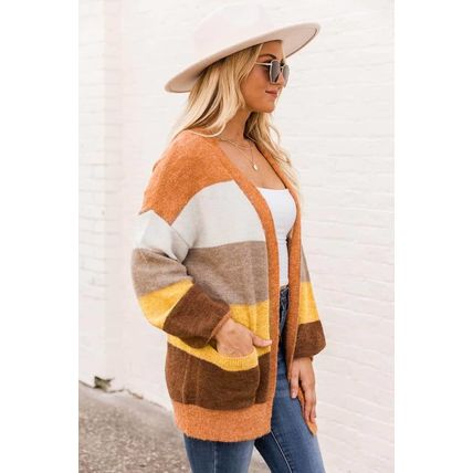 Open Front Pocketed Colorblock Cardigan