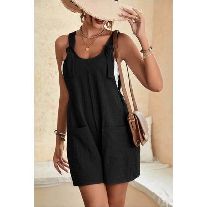 Black Adjustable Straps Pocketed Textured Romper