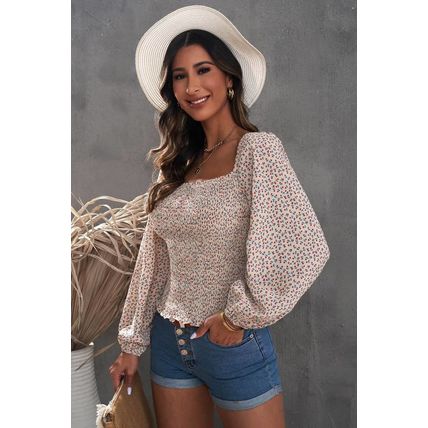 Apricot Square Neck Puff Sleeve Floral Smocked Top