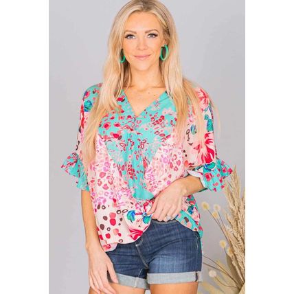 Multicolor Leopard Floral Mixed Print Ruffle Sleeve Surplice Blouse