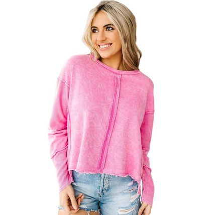 Rose Exposed Seamed High Low Raw Edge Sweatshirt