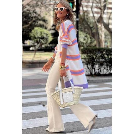 Beige Striped Long Sleeve Ribbed Trim Button Cardigan