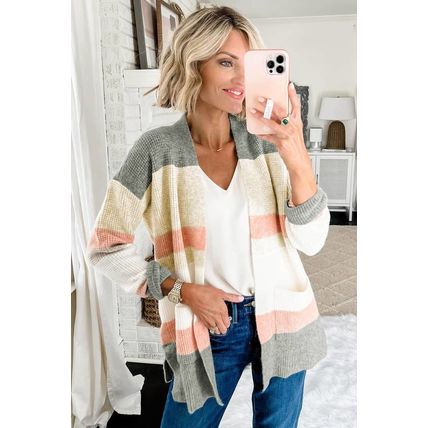 Multicolor Color Block Striped Pocketed Open Cardigan