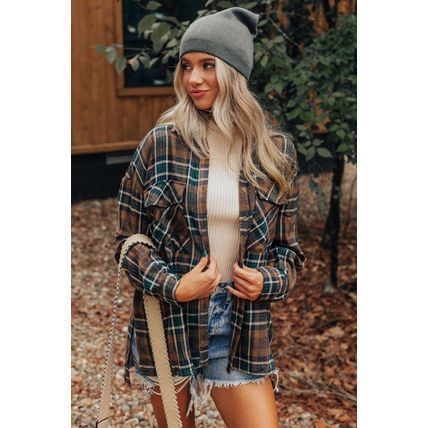 Brown Plaid Print Chest Pockets Buttoned Shirt Jacket