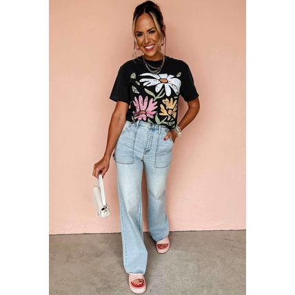 Black Retro Floral Print Crew Neck Casual T Shirt