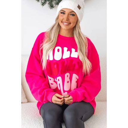 Rose Red Christmas Holly Jolly Babe Graphic Oversized Sweatshirt