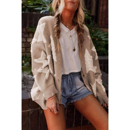 Khaki Sherpa Star Pattern Textured Sweater Cardigan with Pockets