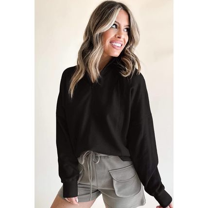 Black Zipped Neck Pullover Drop Shoulder Sweatshirt