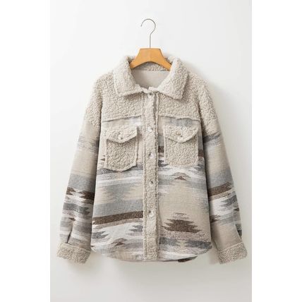 Khaki Western Aztec Print Sherpa Splicing Buttoned Flap Pocket Coat