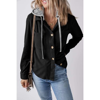 Black Hooded Drawstring Pockets Corduroy Shacket
