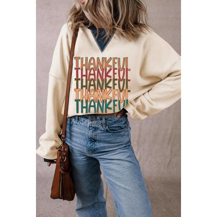 White THANKFUL Graphic Colorblock Edge Oversized Thanksgiving Sweatshirt