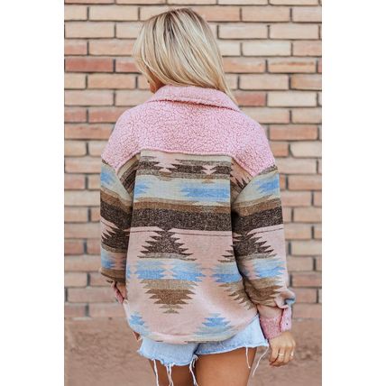 Pink Western Aztec Print Sherpa Splicing Buttoned Flap Pocket Coat