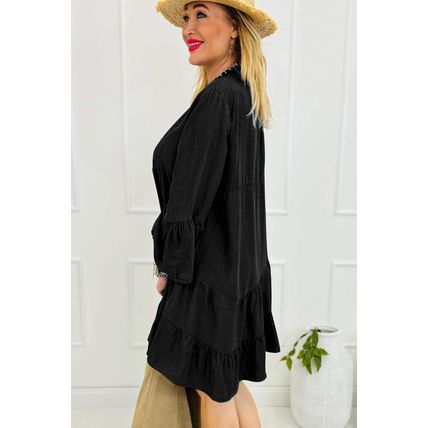 Black Chambray Ruffled 3/4 Sleeve Tiered Split V Neck Mini Dress