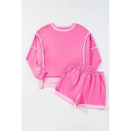 Sachet Pink High Low Patchwork Long Sleeve Top and Shorts Set