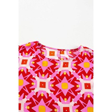 Strawberry Pink Geometric Print Shirred Cuff 3/4 Sleeve Loose Blouse