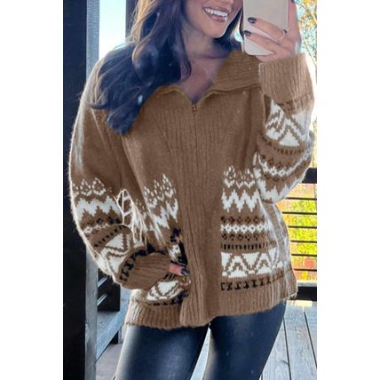 Brown Western Printed Ribbed Trim Collared Zip up Cardigan