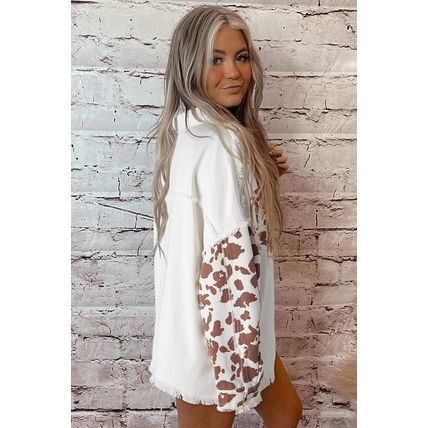 White Cow Spot Patchwork Flap Pocket Distressed Hem Long Denim Jacket