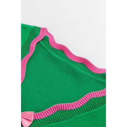 Green Stripe Ribbon Cute Bow Detail Sweater Knit Cardigan