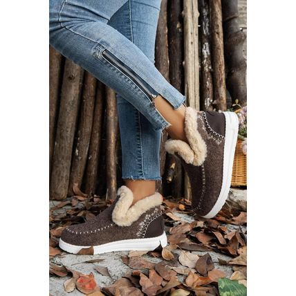 Coffee Suede Stitching Patchwork Plush Lined Anklet Boots