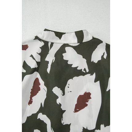 Four Leaf Clover Abstract Floral Print Puff Sleeve Half Button Blouse
