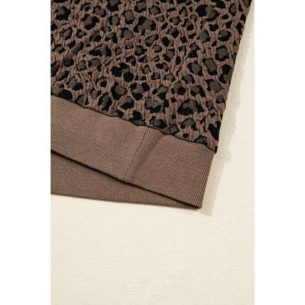 Brown Ribbed Trim Leopard Print Long Sleeve Top
