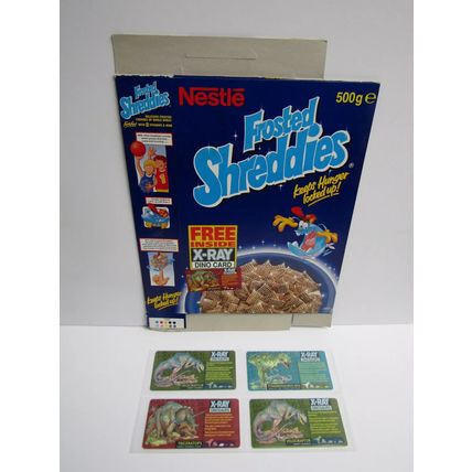 Nestle 1997 Frosted Shreddies X-Ray Dinosaurs Cereal Box & Set of 4 Cards
