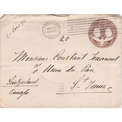 United States 1895 Detroit Michigan-New York-St Imier Switzerland Cover VGC
