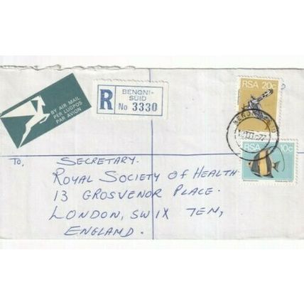 South Africa 1977 Benoni Suid to London UK Registered cover Benoni cancel VGC