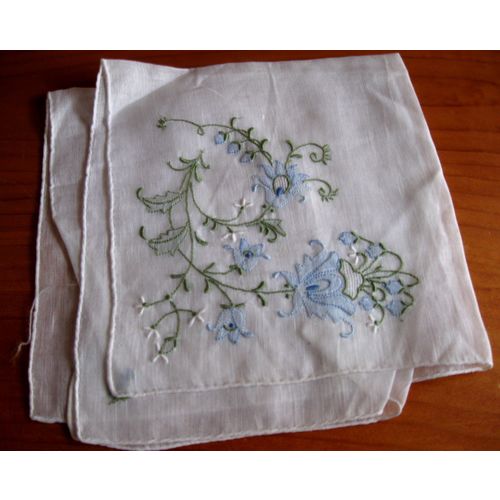 Vintage White Embroidered Hankerchief with Blue & Green Shadow Embroidery