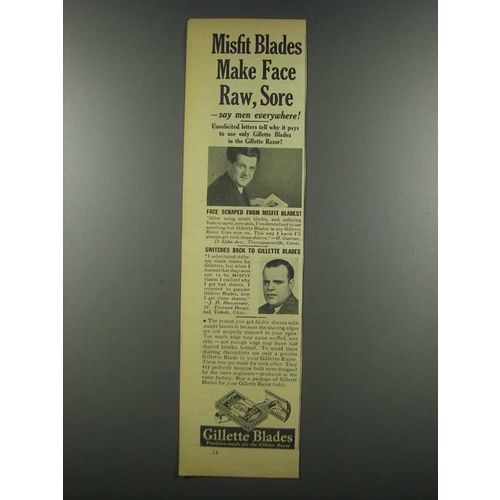 1937 Gillette Blades Ad - Misfit Make Face Raw, Sore
