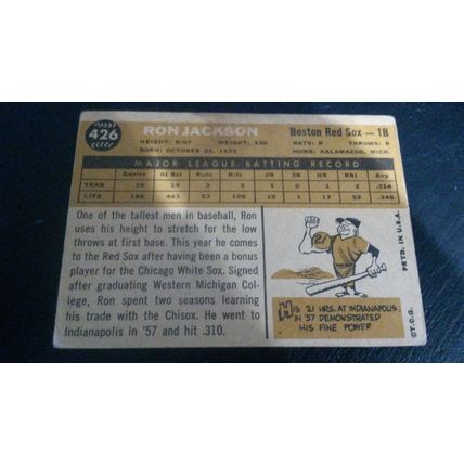 1960 Topps Card # 426B Ron Jackson Good (2) Boston Red Sox White Back