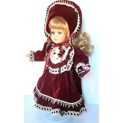 A PORCELAIN DOLL - JEANETTE - RED VELVET DRESS + HAT - 30 cm tall VERY GOOD