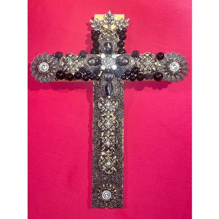 Wood Wall Artisanal Cross w/ Recycled Jewelry different colors of Silver & Black