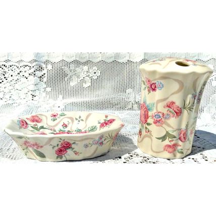 Vintage Bathroom Soap Dish & Toothbrush Holder Pink Ceramic Floral Design