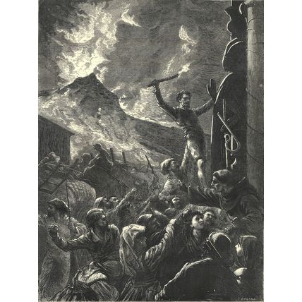 MOUNT VESUVIUS - POPULACE ATTACKING SAN GENNARO 1872 Durand VICTORIAN ENGRAVING