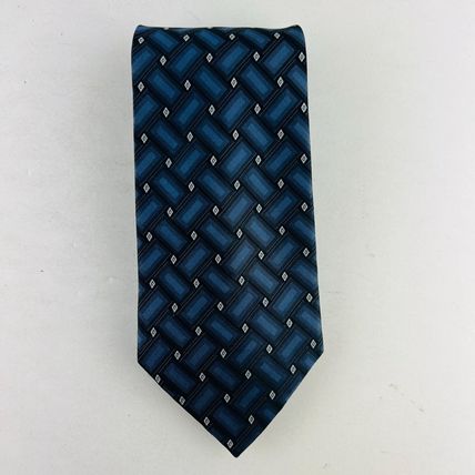 J Ferrar Dress Design Necktie Tie Silk Blue Black Rectangle Diamonds