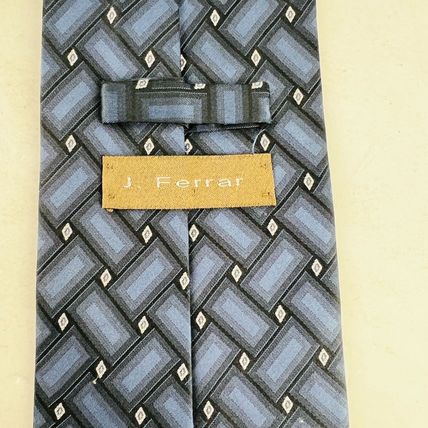 J Ferrar Dress Design Necktie Tie Silk Blue Black Rectangle Diamonds