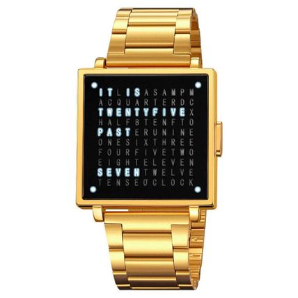 SKMEI Multi-function Letter Display Dial Square Men Electronic Watch, Gold Steel