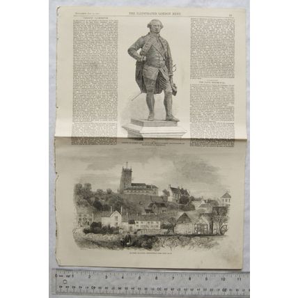 1860 engraving: Market Drayton, statue Robert Lord Clive, Shrewsbury