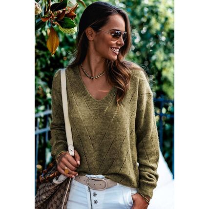 Sage Green Solid Eyelet Drop Shoulder V Neck Sweater