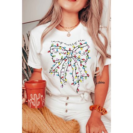 White Colored Light Bowknot Graphic Crewneck T Shirt