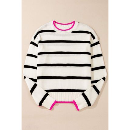White Stripe Color Contrast Drop Shoulder Crew Neck Sweater
