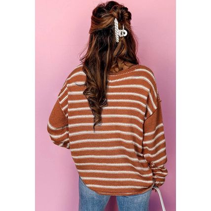 Brown Stripe Drop Shoulder Casual Sweater
