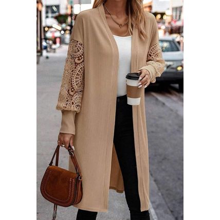 Parchment Lace Patchwork Ribbed Knit Open Front Duster Cardigan