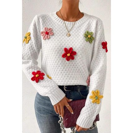 White Colorful Flower Applique Textured Knit Sweater