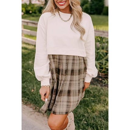 Beige Plaid Patchwork High Waist Sweatshirt Mini Dress