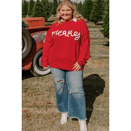 Fiery Red Merry Graphic Christmas Plus Size Sweater
