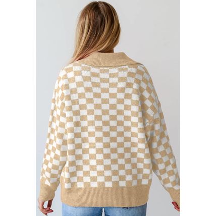 Apricot Checkered Buttons Collar V Neck Drop Shoulder Sweater